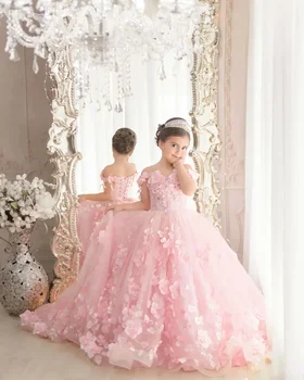 Pink 3d апликация на разстояние рамо мъниста перлиТюл цвете момиче рокля за сватба дете първи евхаристиен рожден ден рокли