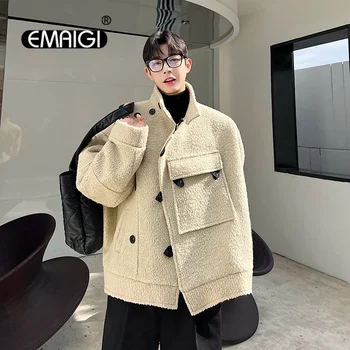 Есен Зима Мъже бутон стойка яка джоб сгъстяване вълна палто връхни дрехи мъж корейски streetwear мода реколта вълнено яке