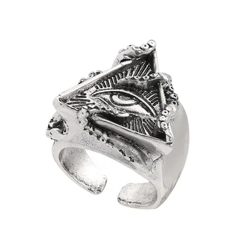 Реколта хип-хоп пънк сребърен цвят окото на октопода триъгълник око отваряне отворен пръстен за мъже метални регулируеми парти бижута