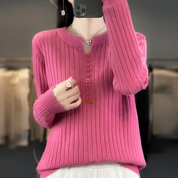 Дамски пуловер есен/зима нов плътен цвят трикотаж v-образно деколте пуловер дамски дрехи мода блуза корейски стил хлабав върховете