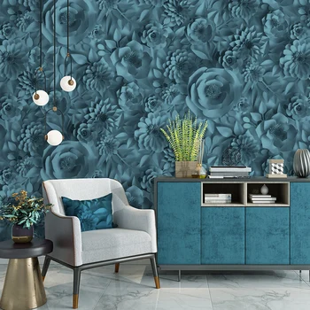 Сини цъфтящи цветя тапети европейски стил градина флорални тапети за стени спалня хол hotle стена хартия стенопис