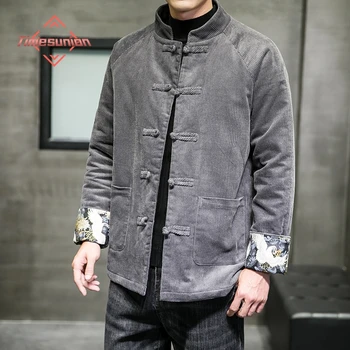 Китайски стил есенни зимни якета за мъже Кадифе диск ключалката сгъсти топла бродерия Tang костюм ханфу памук подплатени палто