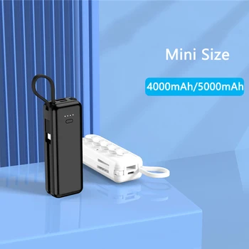 5000mAh Power Bank Mini Size Poverbank Portable Mobile Powerbank External Battery Pack Spare Bateria Вграден кабел за IPhone