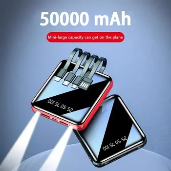 50000mAh Power Bank Mirror Digital Display Screen Вграден кабел Мобилно захранване Компактни преносими аксесоари за мобилни телефони
