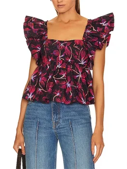 Дамска блуза 2023 Нова лятна памучна флорална щампа Ruffles Square Collar Fashion Slim Елегантна ежедневна риза с летящ ръкав