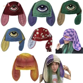 Момичета заешка шапка Y2K плетени уши шапка заек подаръци топла пънк шапка възрастни деца плетени уши зимни фото подпори