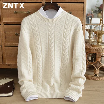 ZNTX 2023 нов кашмирен пуловер за мъже 100% чист кашмир супер дебел зимен топъл жакард плетен небрежен свободен пуловер за младежи