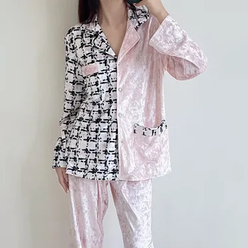 Velvet 2PCS пижами комплект нова есен зима елегантно спално облекло мода жени панталон костюми розов пачуърк каре шезлонги домашно облекло