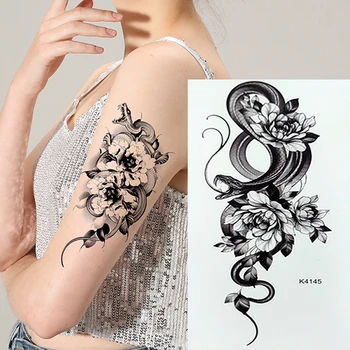 Временни татуировки скица линия черна змия дракон роза цветя фалшиви татуировка стикери ръка ръкав бедрото секси жени боди арт момичета