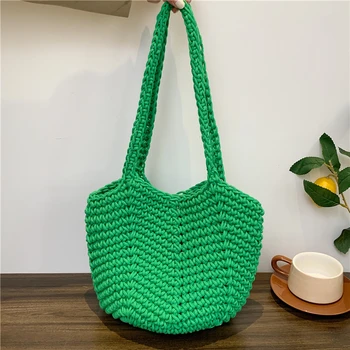 Boho полиестерна плетена чанта Голяма чанта за пазаруване за жени Дизайнерска плажна чанта за рамо Проста чанта за ръце на съединителя Преносима пазарска чанта