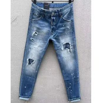 Мъжки летни модерни ежедневни стил тънки дънки мода писмо дупка дънкови панталони C006
