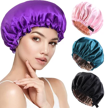 Нова сатенена шапка за коса за спане Двуслойно регулиране на бутона Нощна шапка Кръгла грижа за косата Дамски шапки Аксесоари за оформяне на косата