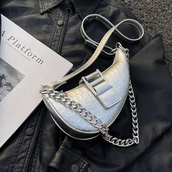 LEFTSIDE Crossbody чанти за жени 2023 Trend New In Korean Fashion Silver PU Leather Mini Underarm Handbags Saddle Armpit Bag