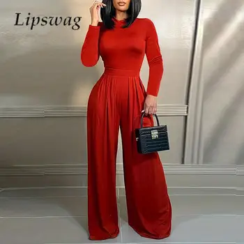 Есен O врата дълъг ръкав гащеризон моден модел печат широк крак панталони Playsuit елегантен дама висока талия вталени прав гащеризон