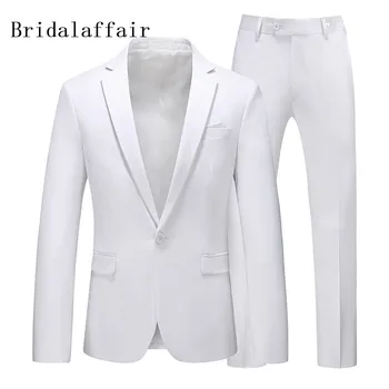 KUSON мъжки бял костюм елегантен сватбен бал смокинги костюми за мъже връх ревера 2 парчета нетактичност палто панталони костюм homme тънък годни