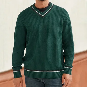 2023 Нова есен/зима цвят съвпадение трикотаж v-образно деколте дълъг ръкав пуловер пуловер мода мъжки износване