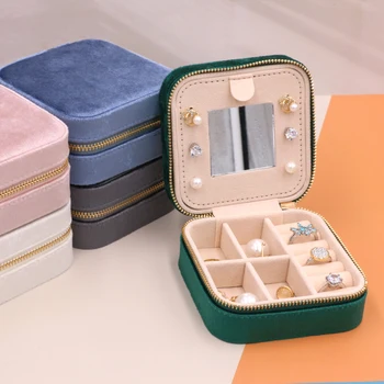 Portable мини кадифе бижута организатор кутия дисплей случай с цип пътуване пръстен кутия огърлица пръстен съхранение случай жени подарък площад