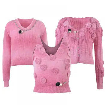 Pink Beadinfg Махай изрязани пуловер жени есен/зима палто 2023 Нова ръка кука цвете обрати кратко плетене O-образно деколте пуловер