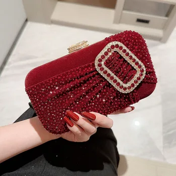 висок клас вино червен кристал вечерни чанти за жени 2023 Фина мода кадифе плат съединители Дамски чанти Портмонета за сватбено тържество