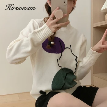 Hirsionsan Елегантен мек пуловер жени 2023 Зимни корейски абстрактни характер бродерия плетени пуловери случайни женски джъмпер