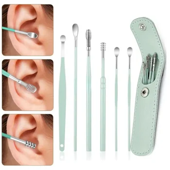 6Pcs / комплект Ушна кал Pickers Почистване от неръждаема стомана Earpick Wax Remover Curette Ear Pick Cleaner Ear Cleaner Spoon Care Инструменти за уши