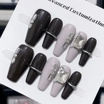 Ръчно изработени Y2K 3D Rhinestone носими нокти изкуство кръпка мода плътен цвят кристал диамант дълъг ковчег стилет ноктите маникюр съвети