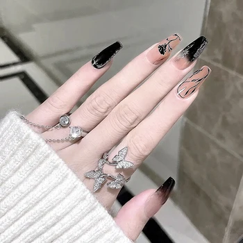 Черен блясък декор дълги фалшиви нокти чип-доказателство зацапване доказателство фалшиви нокти за горещо момиче рокля съвпадение