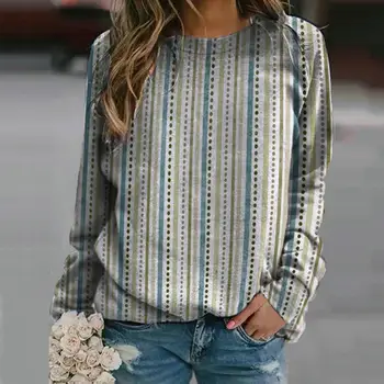 Дамски суитчър реколта флорални раирани печат суитчър етнически стил хлабав пуловер за жени дълъг ръкав тениска блуза дама