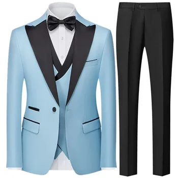 Мъже британски тънък костюм 3 парче комплект яке жилетка панталони / мъжки бизнес джентълмен висок клас 3 бр ежедневни рокля блейзъри палто панталони