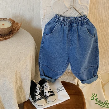 корейски стил случайни улично облекло памук хлабав бебе деним дънки джоб еластична синя пролет лято детски панталони унисекс
