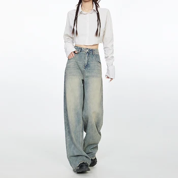 корейска мода Y2k ретро широк крак висока талия прав streetwear стил дънки панталони жените торбести деним панталон дама дрехи