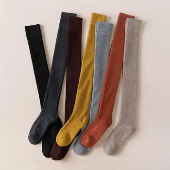 корейски нови жени зимни дълги чорапи плътен цвят памук топла вълна JK сгъстяване над коляното високи дълги чорапи удобен крак ботуши