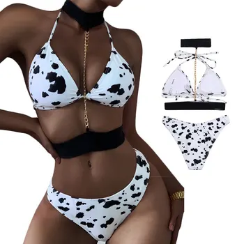 Отпечатани крави модел секси бикини с талията верига огърлица оглавник бански жени