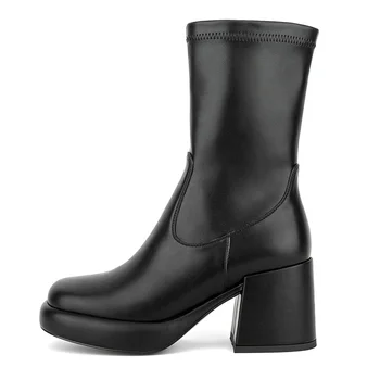 Office Lady Women's Mid Calf Boots Concise Square Toe Crude Heel Elastic Boots For Women Елегантен голям размер Heeled глезена ботуши