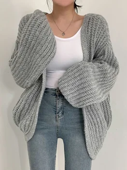 Жените хлабав жилетка пуловер палто случайни трикотажни твърди палто фенер ръкав сладък палто за жени 2023 есен зима