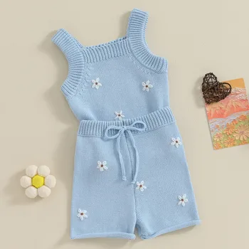 новородено бебе момиче плетени къси комплекти летни дрехи цвете бродирани камизоли потници шнур ластик шорти костюм