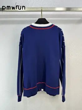 Blue Stripe V-образно деколте жилетка, нов моден пуловер, 2023