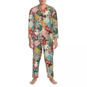 Хипи пачуърк спално облекло пролет реколта цветен печат извънгабаритни пижама комплекти мъже дълъг ръкав мода нощ дизайн дома костюм