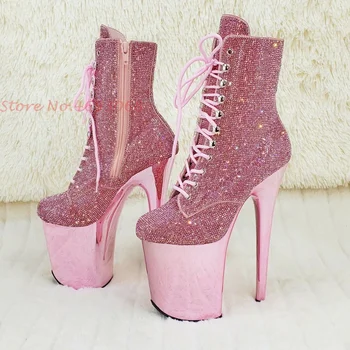 Розови обувки с шипове с висока платформа Предна дантела Bling жени супер високи тънки токчета обувки британски стил новост дизайн за жени