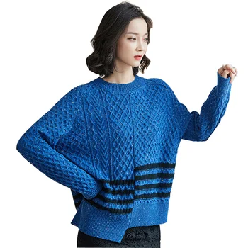 2019 Есен Зима жени O-образно деколте хлабав син пуловер пуловер случайни жени пуловер издърпайте Femme плътни цветове пуловер върховете XZ443