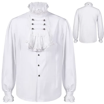 Викторианска риза мъже средновековен ренесанс реколта бяла стойка яка дълъг ръкав риза Топ косплей костюм за мъже плюс размер 3XL