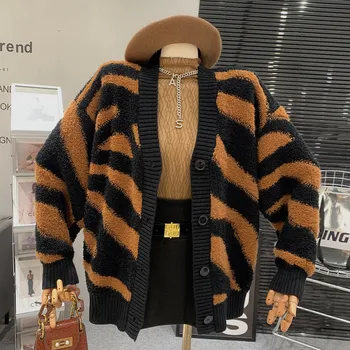 Реколта мода висока улица v-образно деколте хлабав мързелив зебра модел висок клас западна плетена жилетка пуловер палто за жени облекло