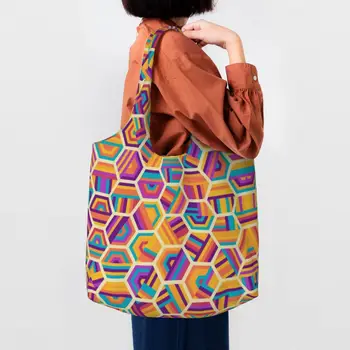 Баухаус Цветен блок Геометрична линия Модерни платно пазарски чанти Жени Преносим капацитет Хранителни стоки Минималистичен Tote Shopper чанти