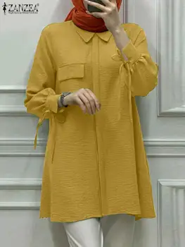 2023 ЗАНЗЕА жени реколта дълъг ръкав ревера врата блуза есенна мода мюсюлмански Abaya върховете мода случайни хлабав руси твърда риза
