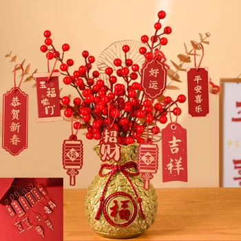Китайски декорации Златен късмет благословия чанта смола чанта ваза с червени плодове цвете букет и висулка пролетен фестивал декор