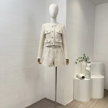 Есен Зима Бутони с дълъг ръкав Джобни пачуърк якета върхове и шорти комплект жени 2024 нов костюм