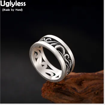 Uglyless Real 990 Сребърни фини бижута ретро листа тотем модел кухи пръст пръстен етнически жени ръчно изработени пръстени тайландски сребро Bijoux