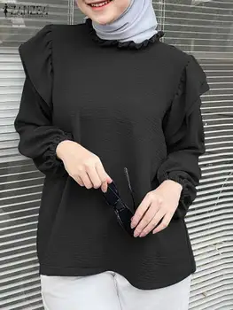 Жени мюсюлмански хиджаб върхове ZANZEA есенна модна риза Турция Дубай блуза елегантен дълъг ръкав къдри Blusas случайни IsIamic блуза
