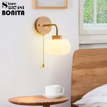 Тиква лампа масивна дървена стена светлина с цип превключвател Nordic пътека нощно шкафче детска стая Млечно бяла атмосфера Sconce Light