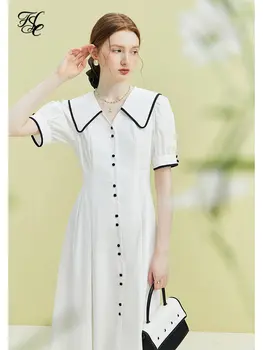 FSLE Военноморска яка Френска рокля Дамско лято 2023 Нова рокля с темпераментна риза за жени Бяла черна ежедневна свободна дамска рокля